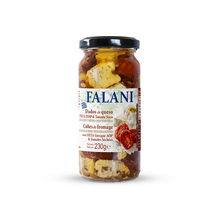 FROMAGE GREC HUILE TOMATES SECHEES AVEC FETA AOP CUBES POT VERRE 230G